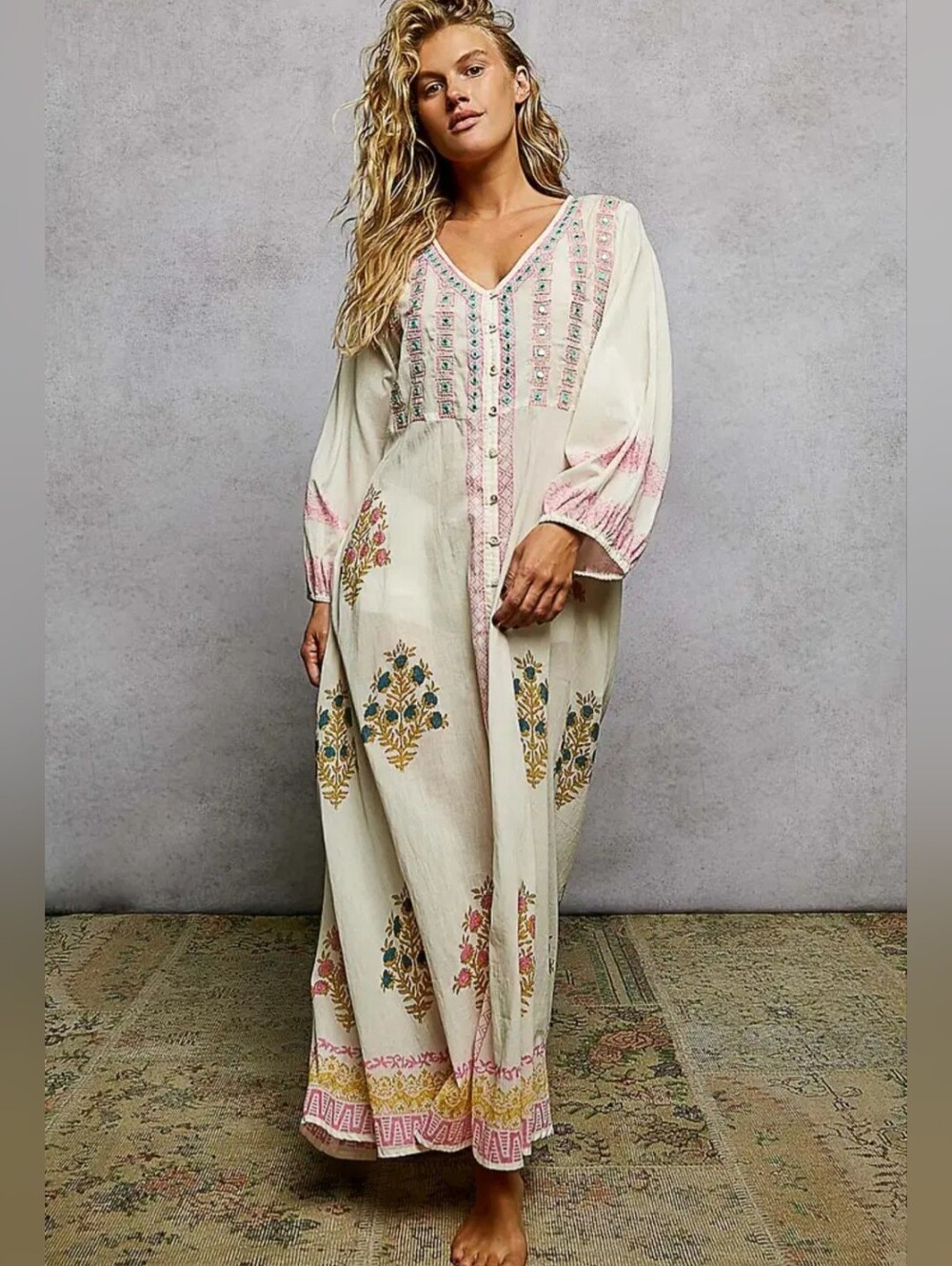POL Embroidered Ivory Maxi Dress with Pink Accents - Picture 3 of 8